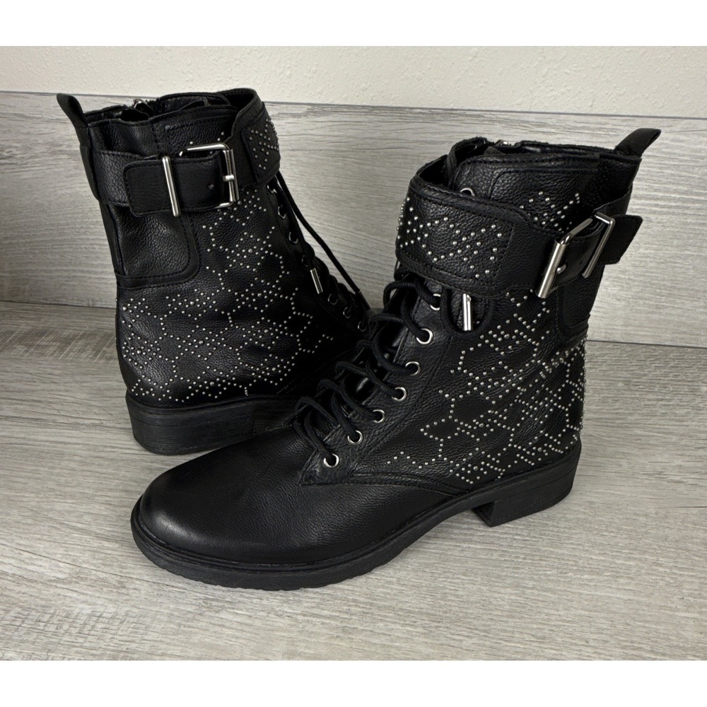 Vince Camuto Tanowie Womens 7.5 Black Leather Studded Combat Moto Boots Punk